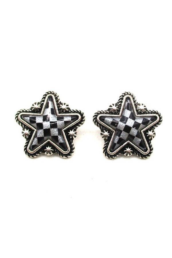 CHECKER STAR POST EARRINGS: White