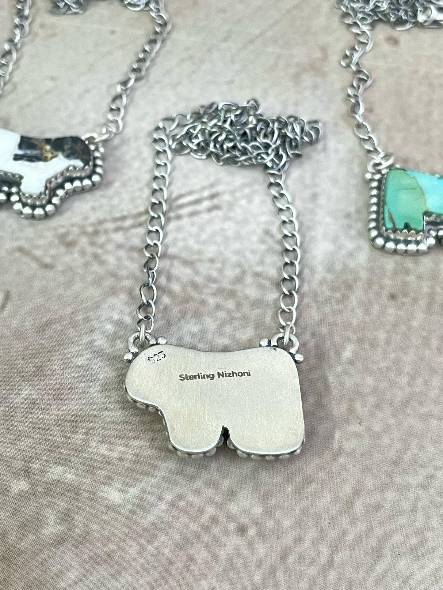 Handmade Sterling Silver Multi Gemstone Bull Necklace with Signed Nizhoni: Kingman Ice Blue Dahlia