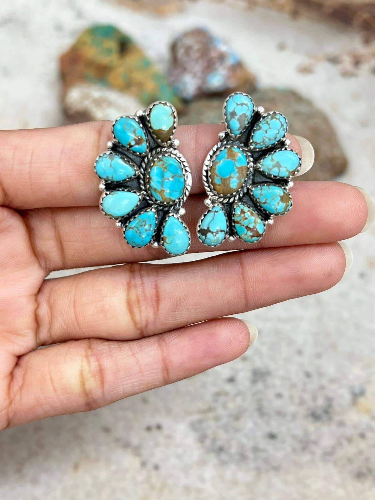 Handmade Sterling Silver Number 8 Turquoise Post Studs with Signed Nizhoni: Number 8 Turquoise / Studs