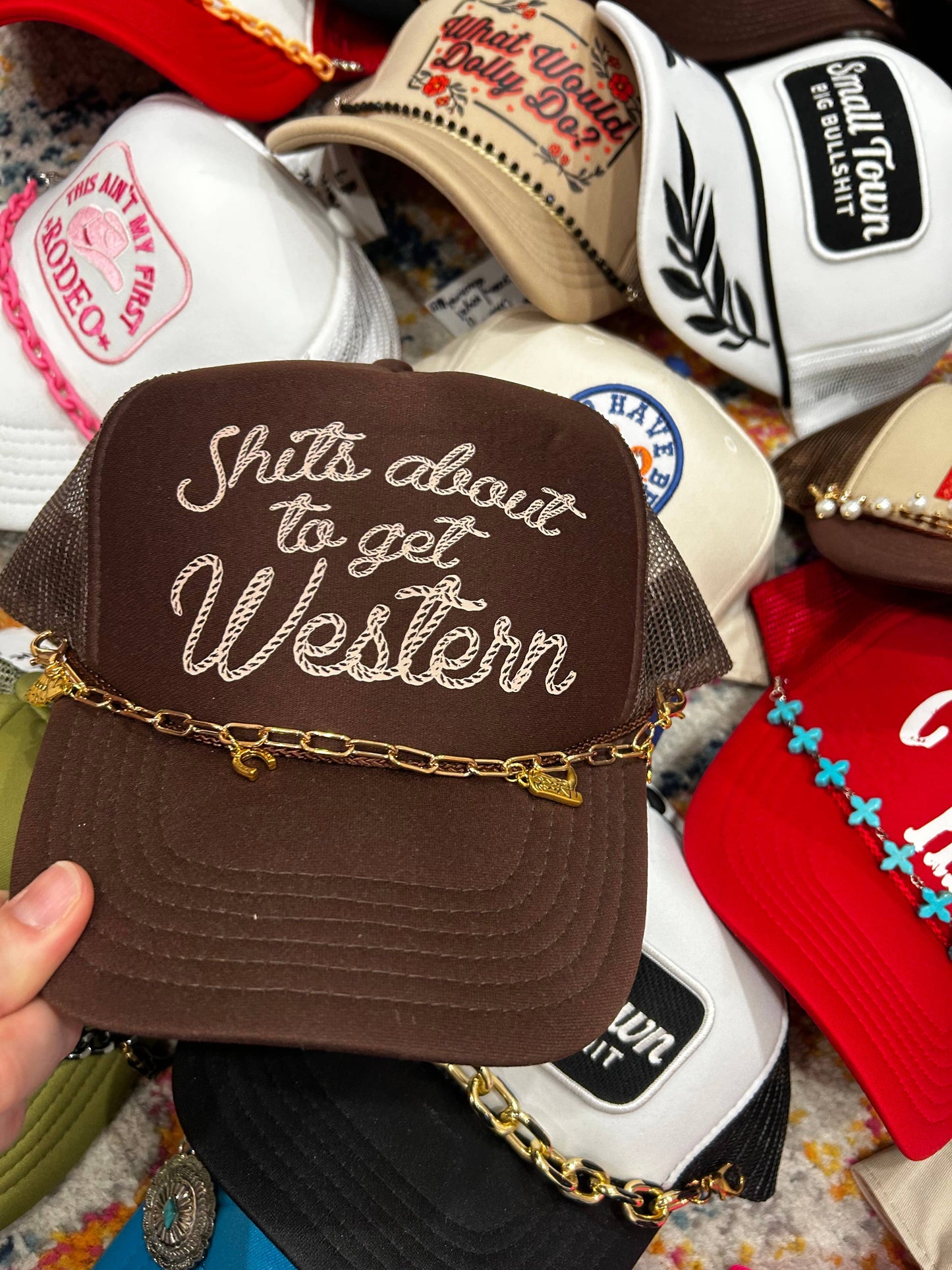 Shits About To Get Western Trucker Hat | Western Cap | Rodeo: Brown Foam