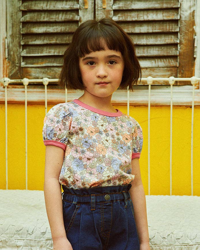 Floral All-Over Print Short Puff Sleeve T-Shirt: XL