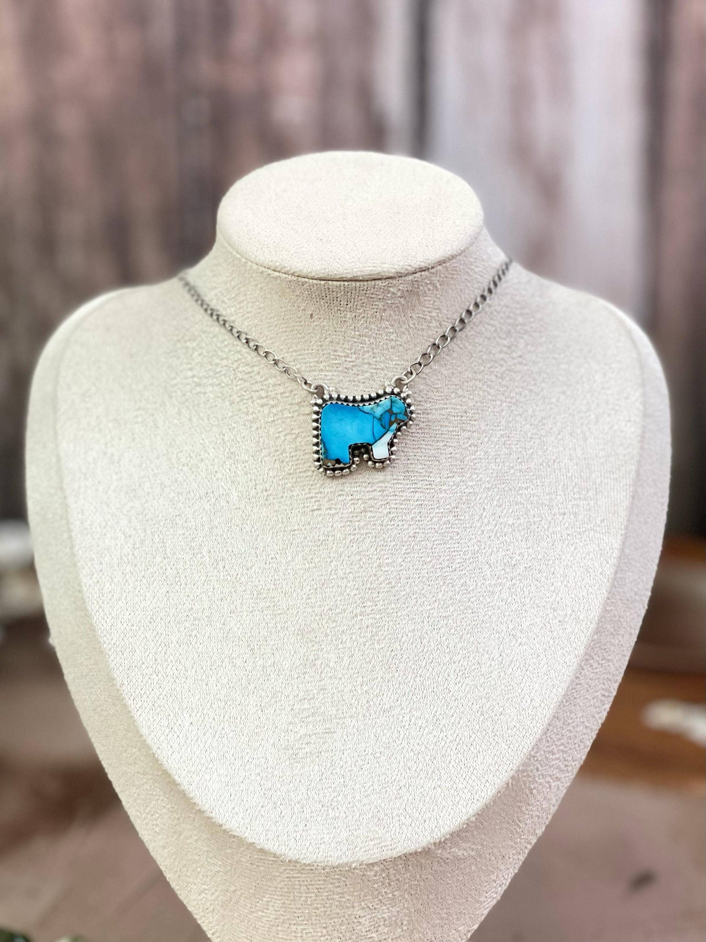 Handmade Sterling Silver Multi Gemstone Bull Necklace with Signed Nizhoni: Kingman Ice Blue Dahlia