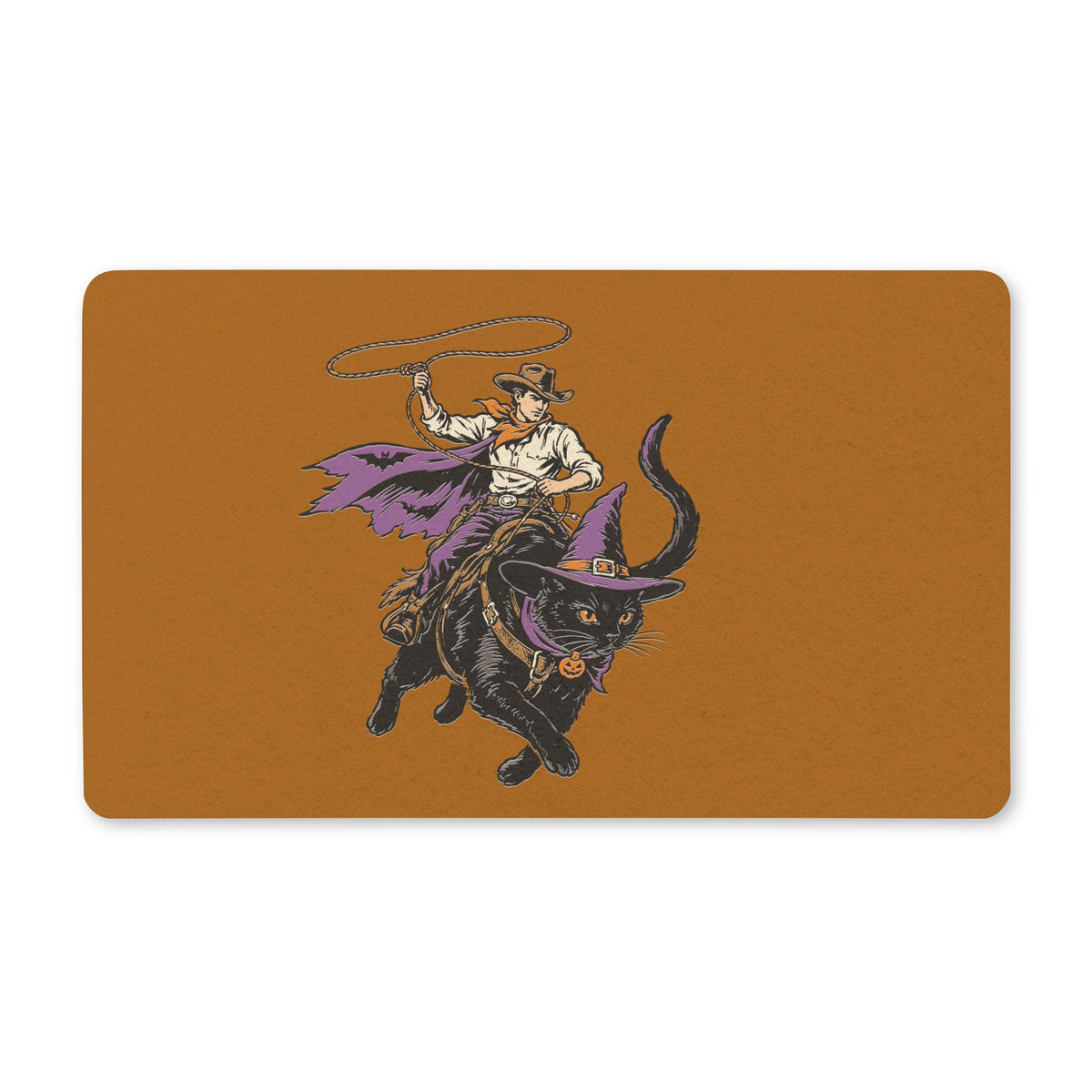 Halloween Cowboy Riding Black Cat Doormat — Spooky Western Polyester Welcome Mat