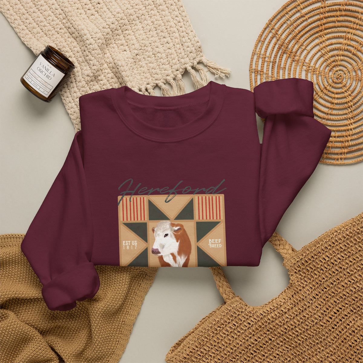 Hereford Cattle Quilt Crewneck Sweatshirt — Vintage Farmhouse Cow Graphic