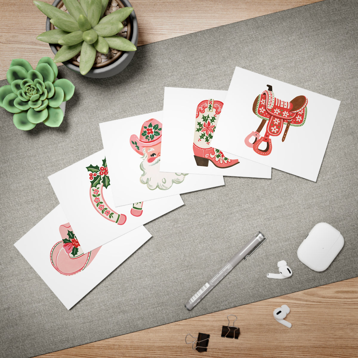 Christmas Greeting Cards 5-Pack, Vintage Western Holiday Designs