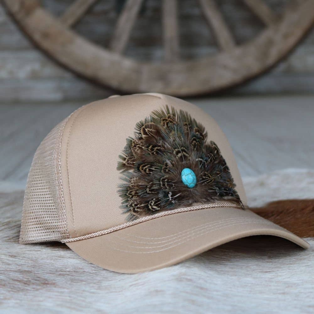 Feathered Trucker Caps: Tan / Feather 1 (Stellar)