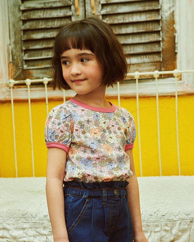 Floral All-Over Print Short Puff Sleeve T-Shirt: XL