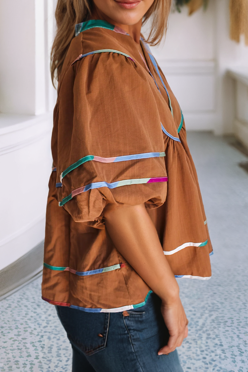 LDC Tie V Neck Patchwork Edging Flounce Sleeve Blouse: Thai Curry
