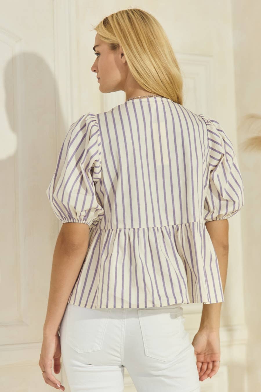 Plus Striped Cotton Poplin Front Tie Ribbon Blouse