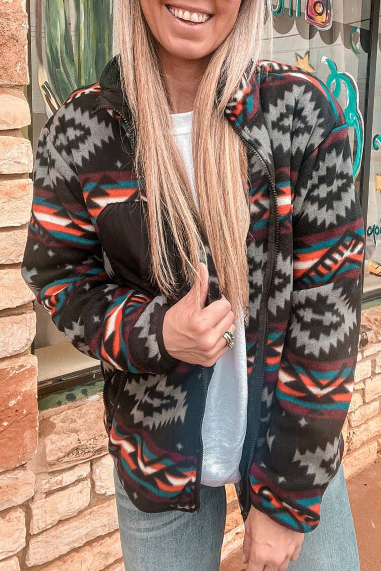 Aztec Zip Up Collared Jacket: Black / L
