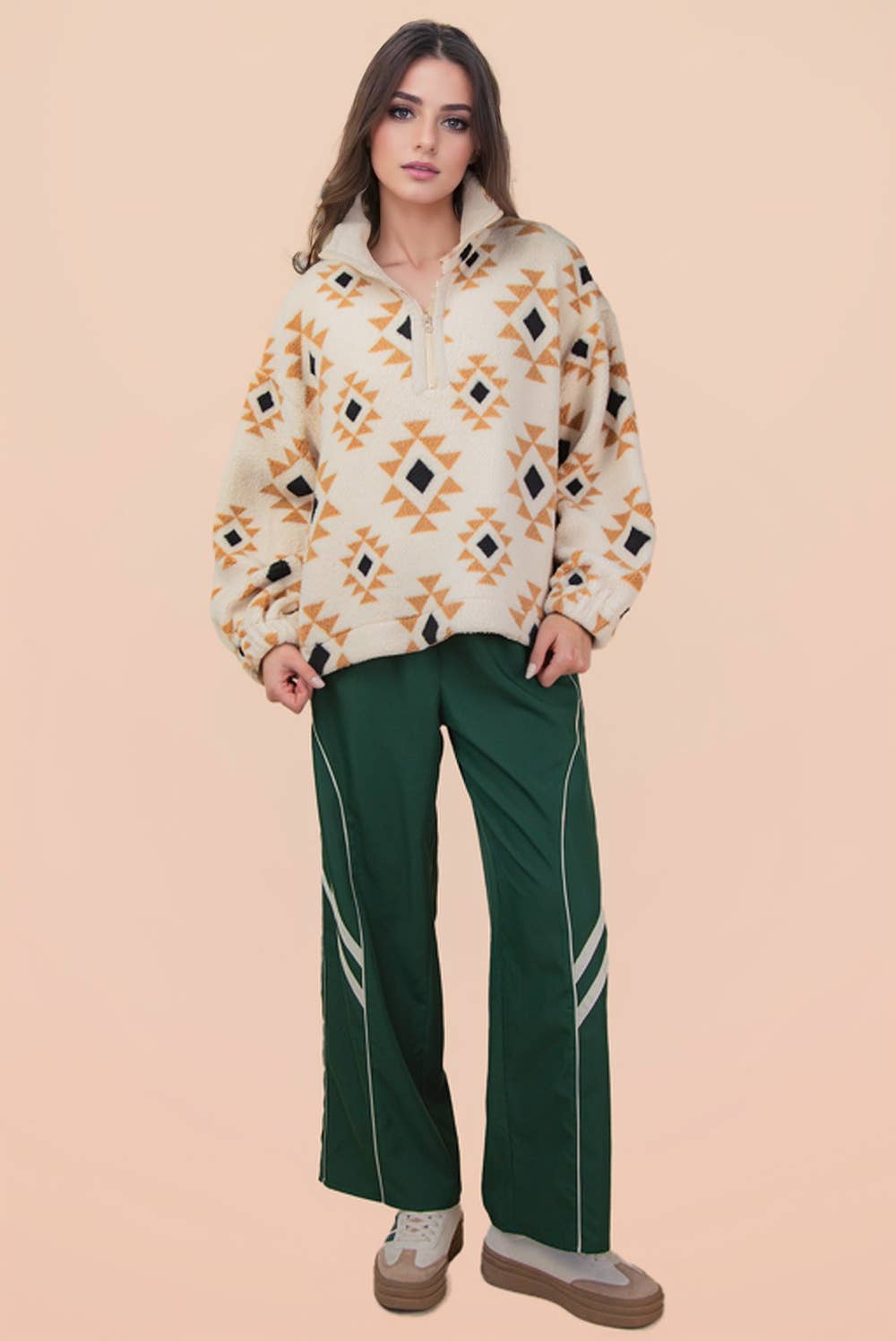 Half Zip Up Aztec & Teddy Bear Graphic Fleece Top