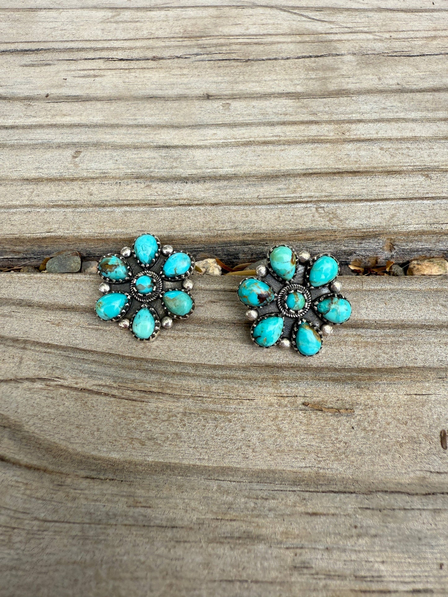 Handmade Flower Cluster Sterling Silver & Turquoise Post Earrings Signed Nizhoni 7 STONE