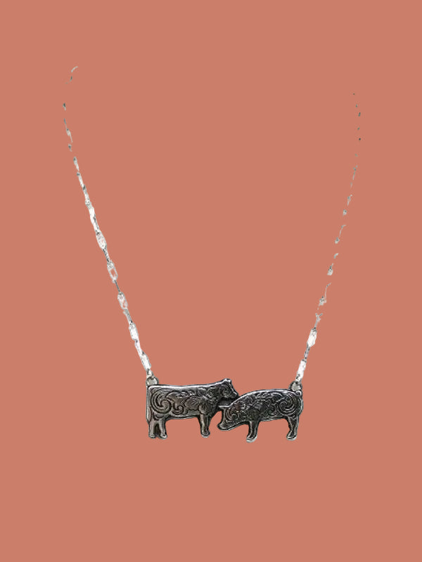 Western Etched Cow & Pig Necklace
