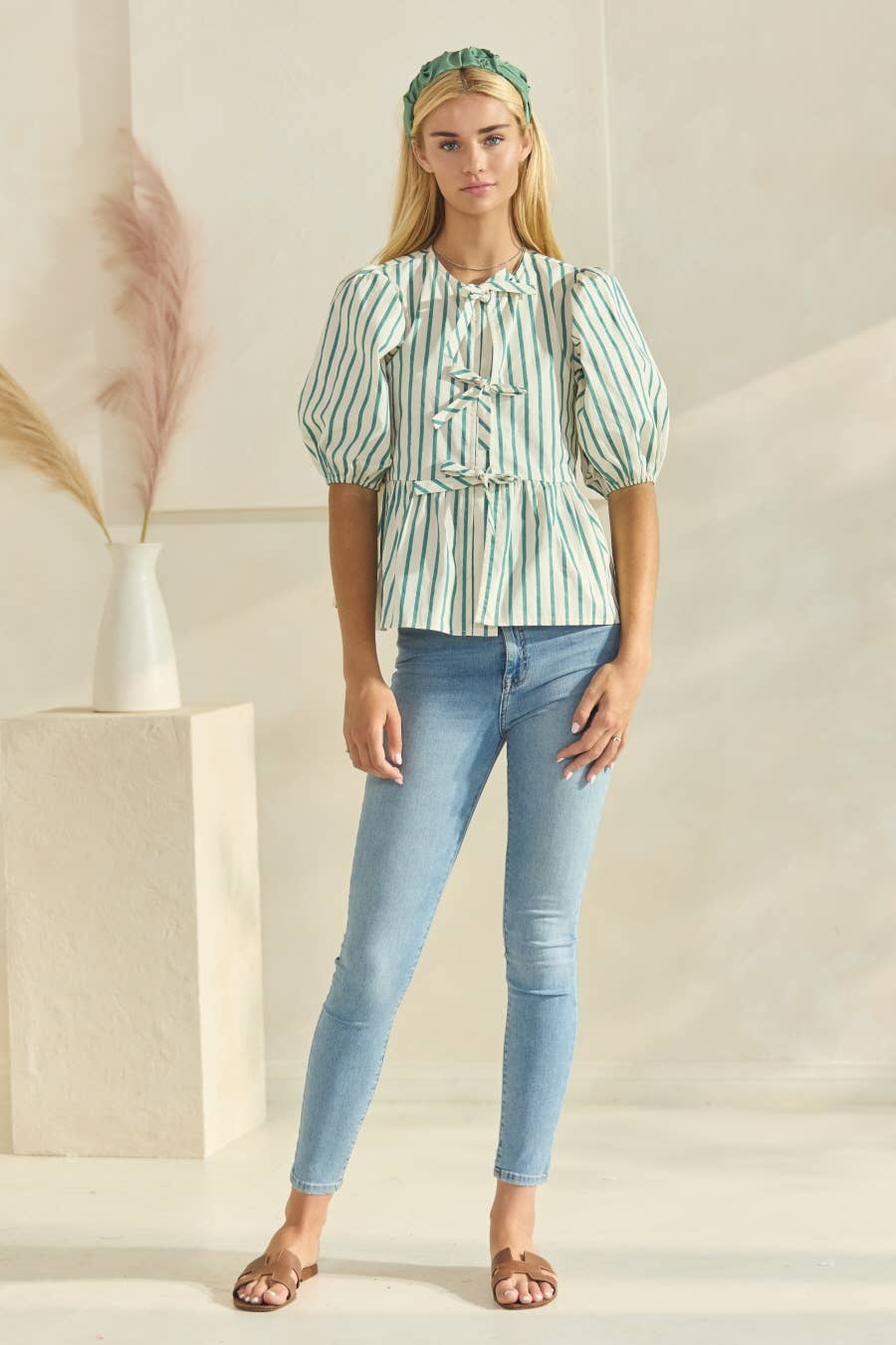 Plus Striped Cotton Poplin Front Tie Ribbon Blouse