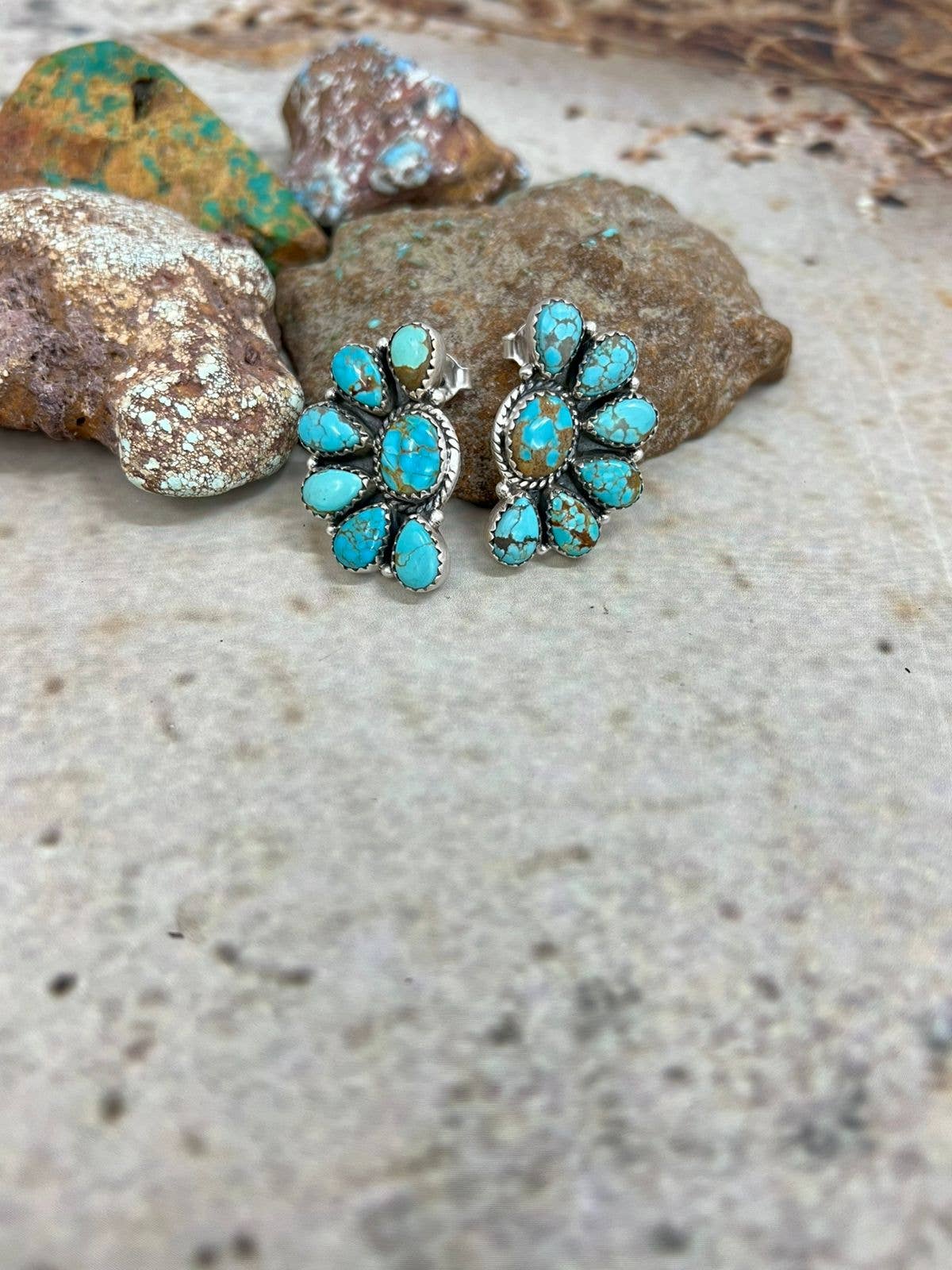 Handmade Sterling Silver Number 8 Turquoise Post Studs with Signed Nizhoni: Number 8 Turquoise / Studs