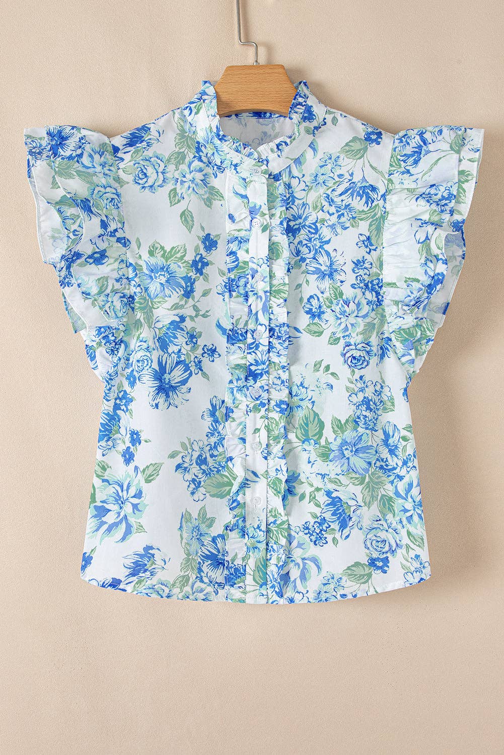 Floral Ruffle Sleeve Buttoned Shirt: Sky Blue