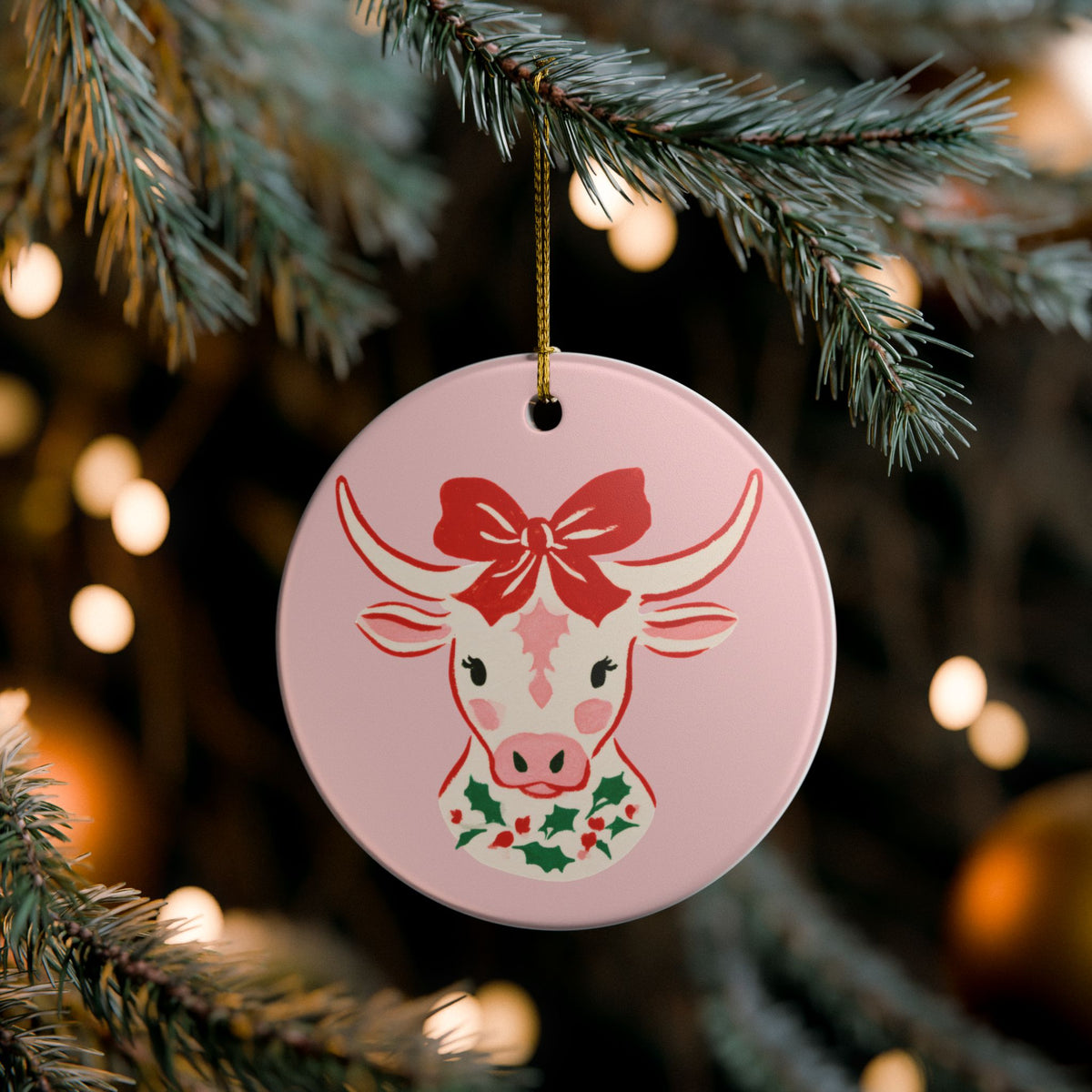 Pink Christmas Cow Ceramic Ornament