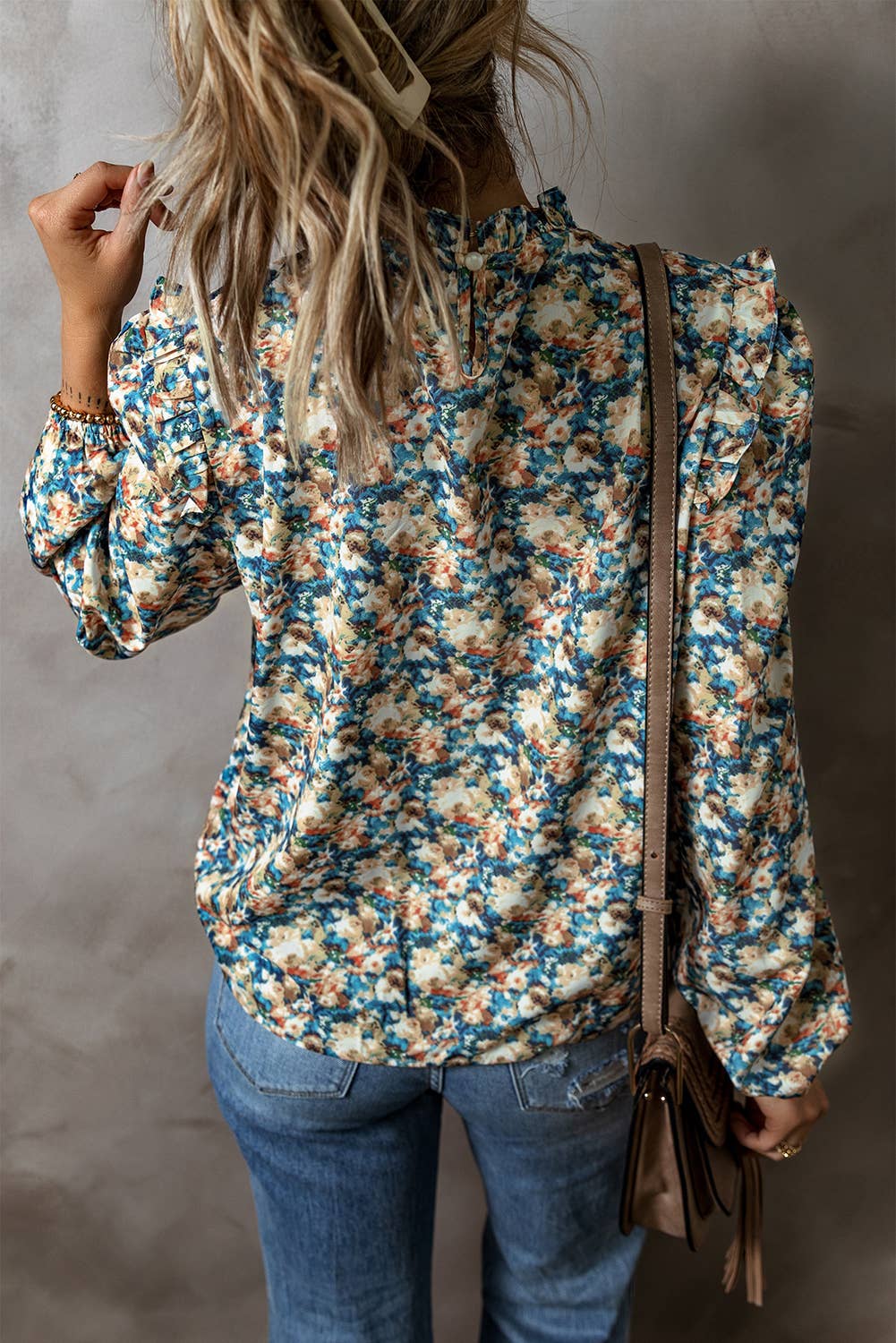 LDC Floral Print Frilled Mock Neck Blouse: Sky Blue / S