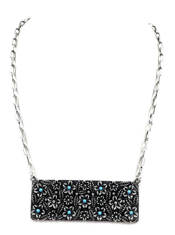 Western Flower Stone Metal Plate Necklace: TURQUOISE