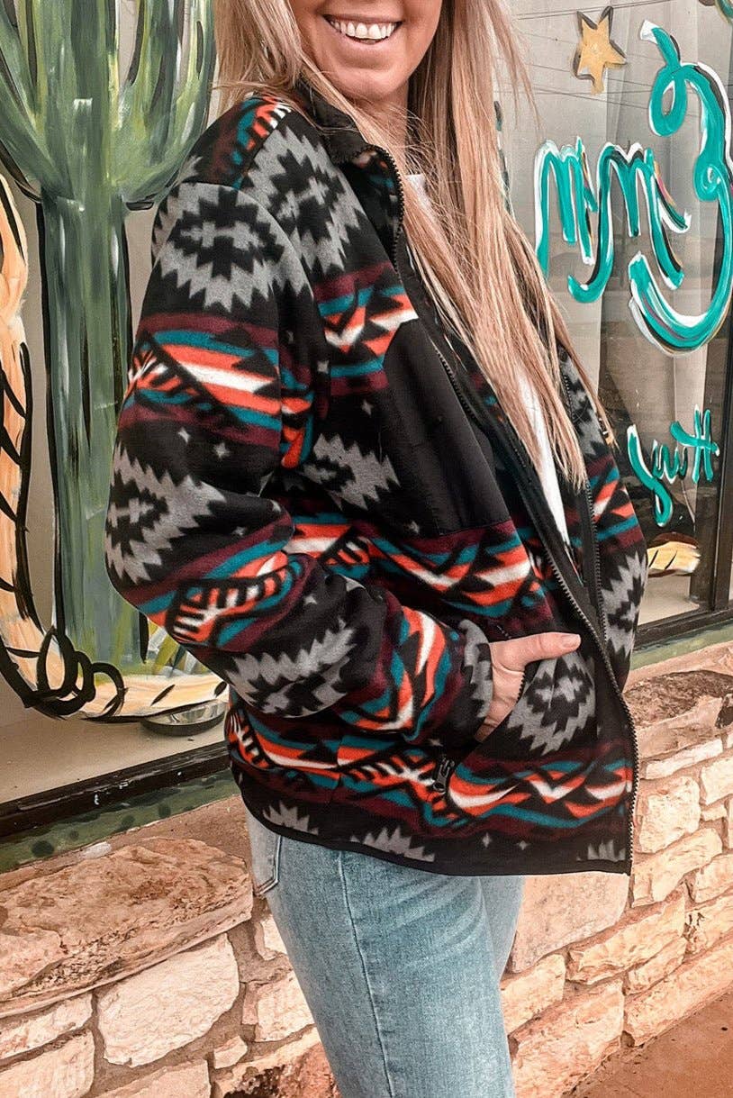 Aztec Zip Up Collared Jacket: Black / L