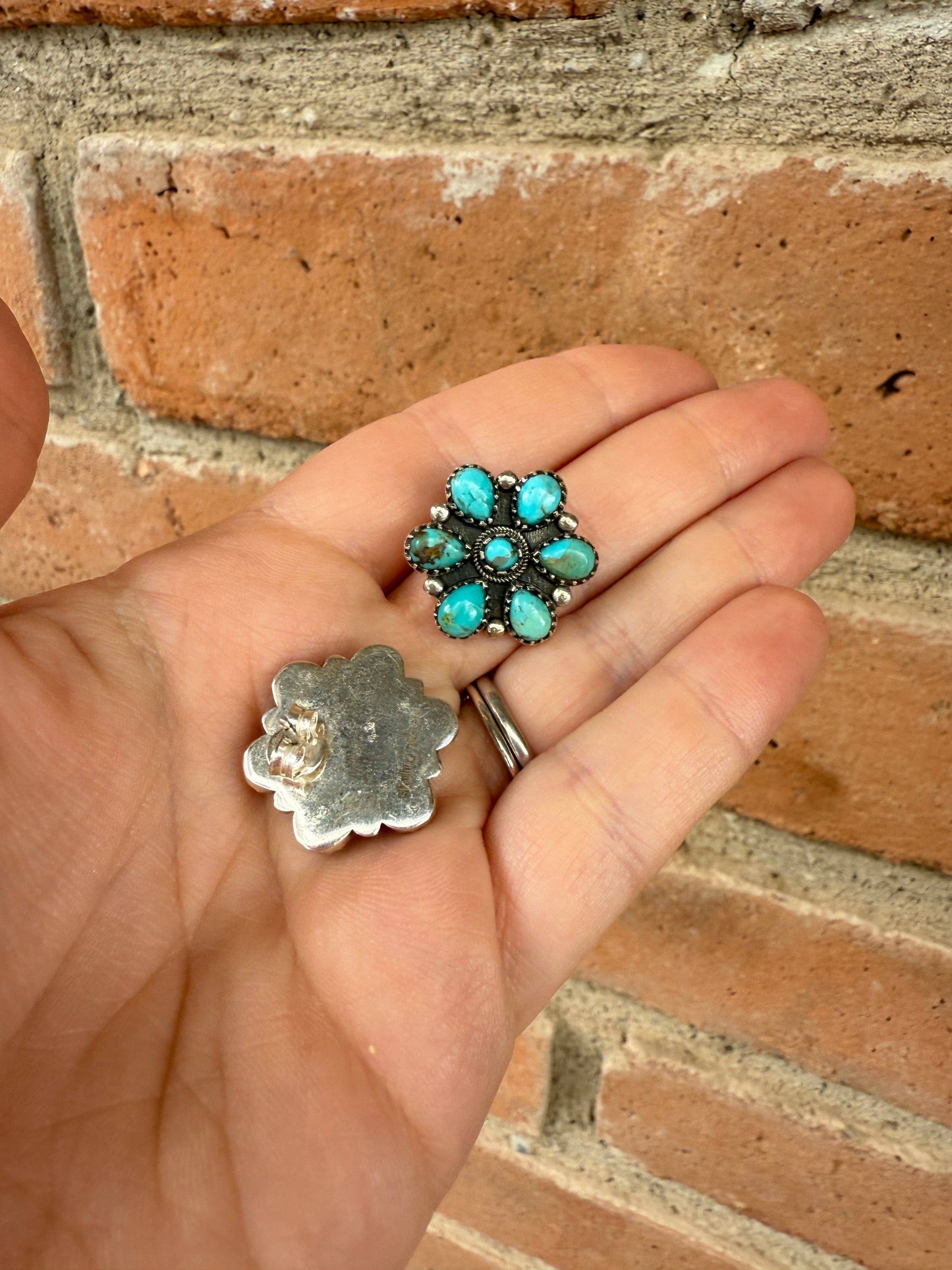 Handmade Flower Cluster Sterling Silver & Turquoise Post Earrings Signed Nizhoni 7 STONE