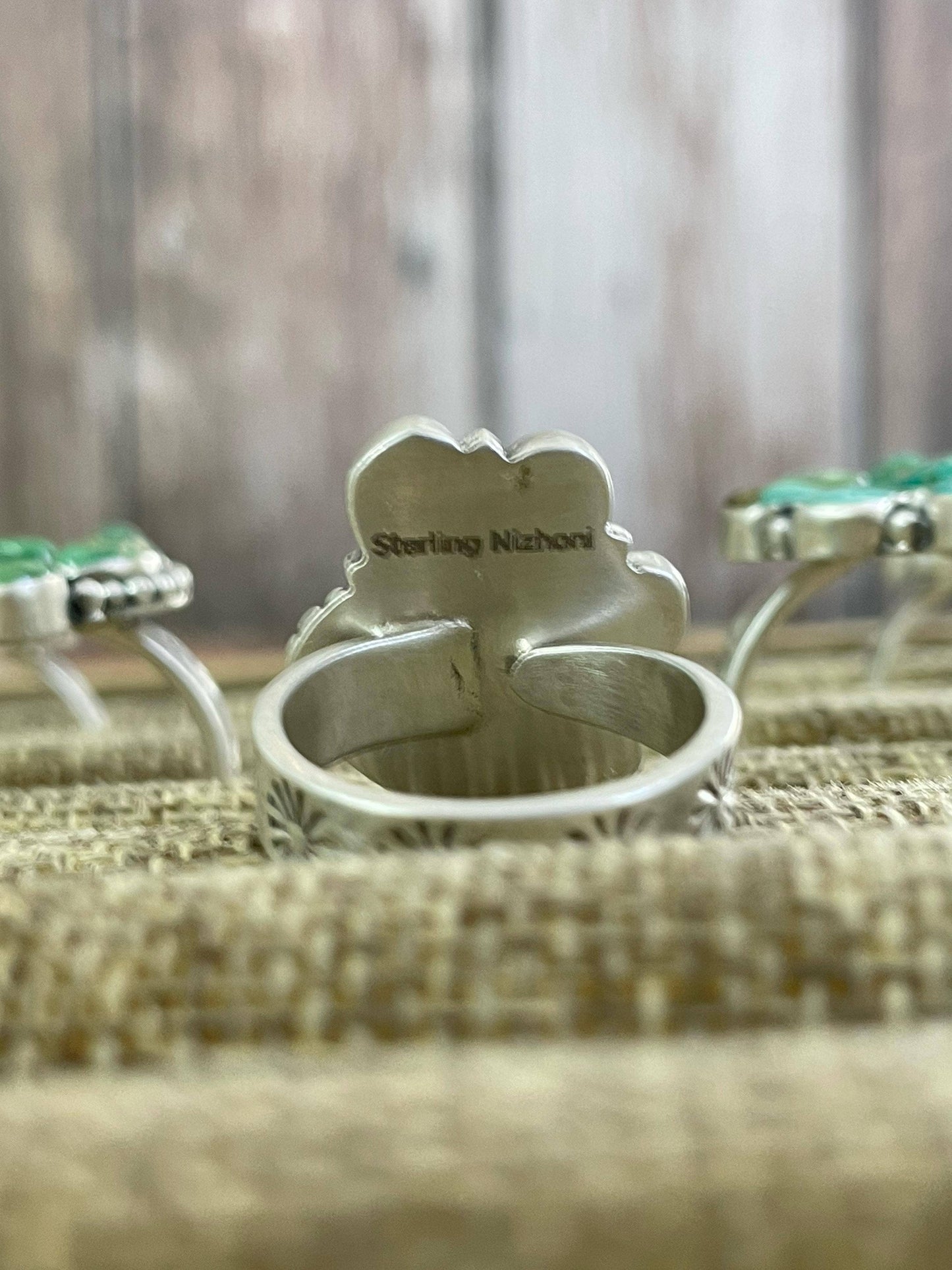 Handmade Silver Sterling Emerald Valley Turquoise Adjustable Ring with Signed Nizhoni Ring 117