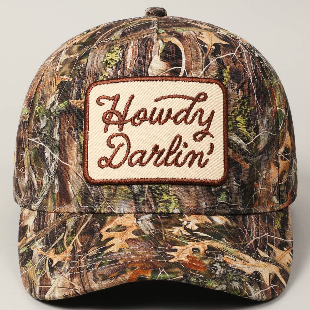 Howdy Darlin' Embroidery Patch Camo Trucker Hat: BEIGE CAMO / ONE SIZE