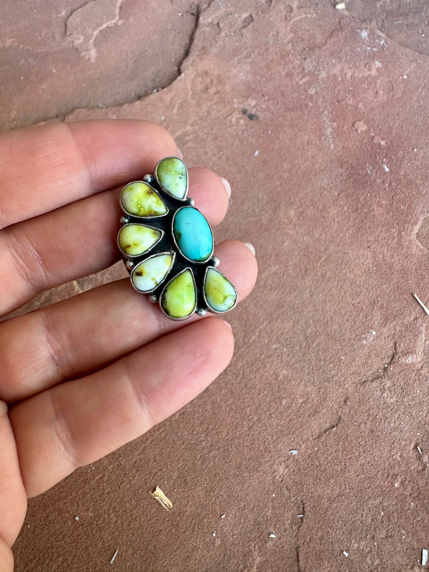 Handmade Sonoran Mountain Turquoise, Palomino Turquoise & Sterling Silver Adjustable Crescent Ring: Adjustable / Turquoise Ring 113