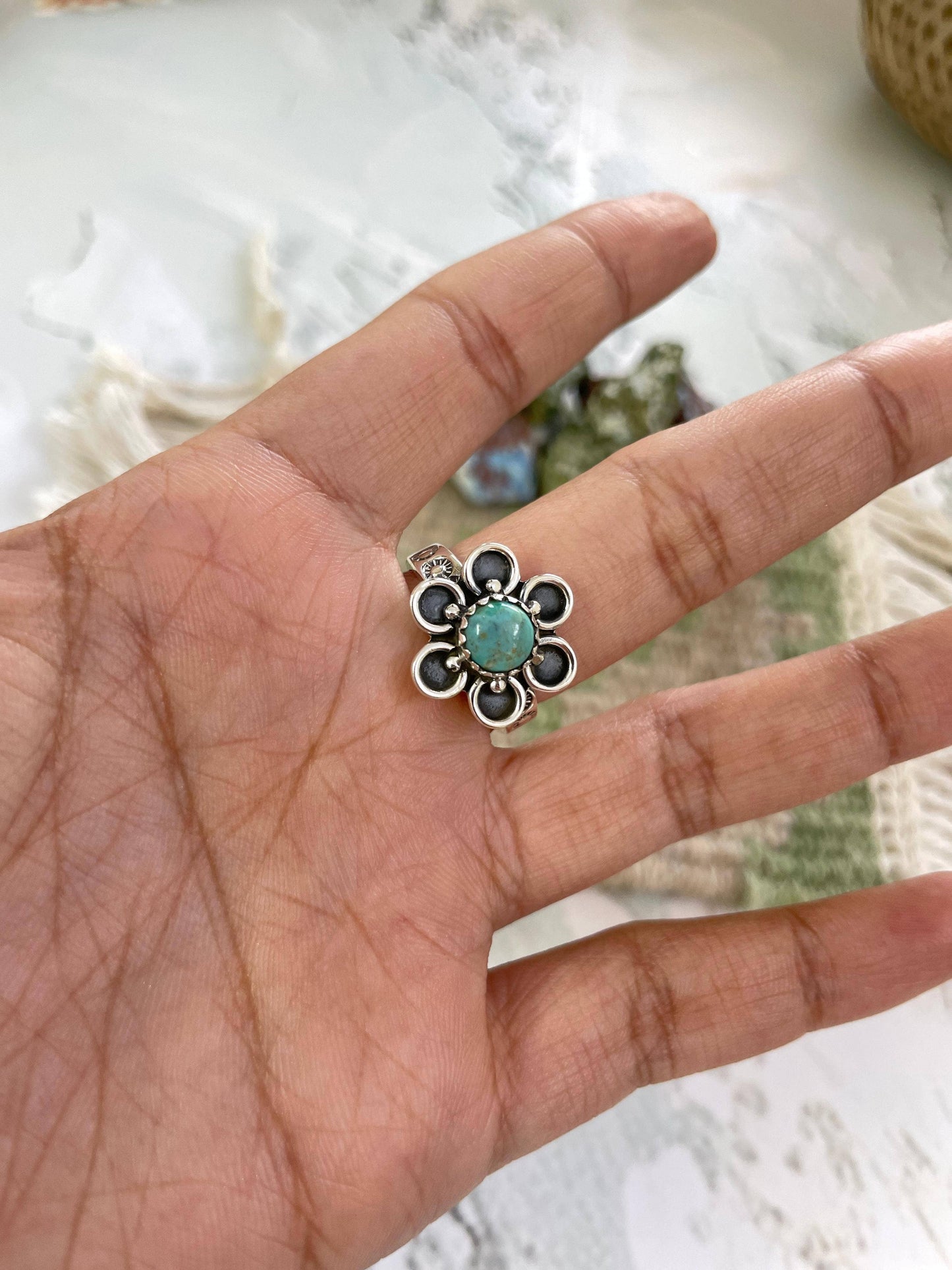 Handmade Sterling Silver Kingman Turquoise Adjustable Ring with Signed Nizhoni: Adjustable / Kingman Turquoise Ring 115