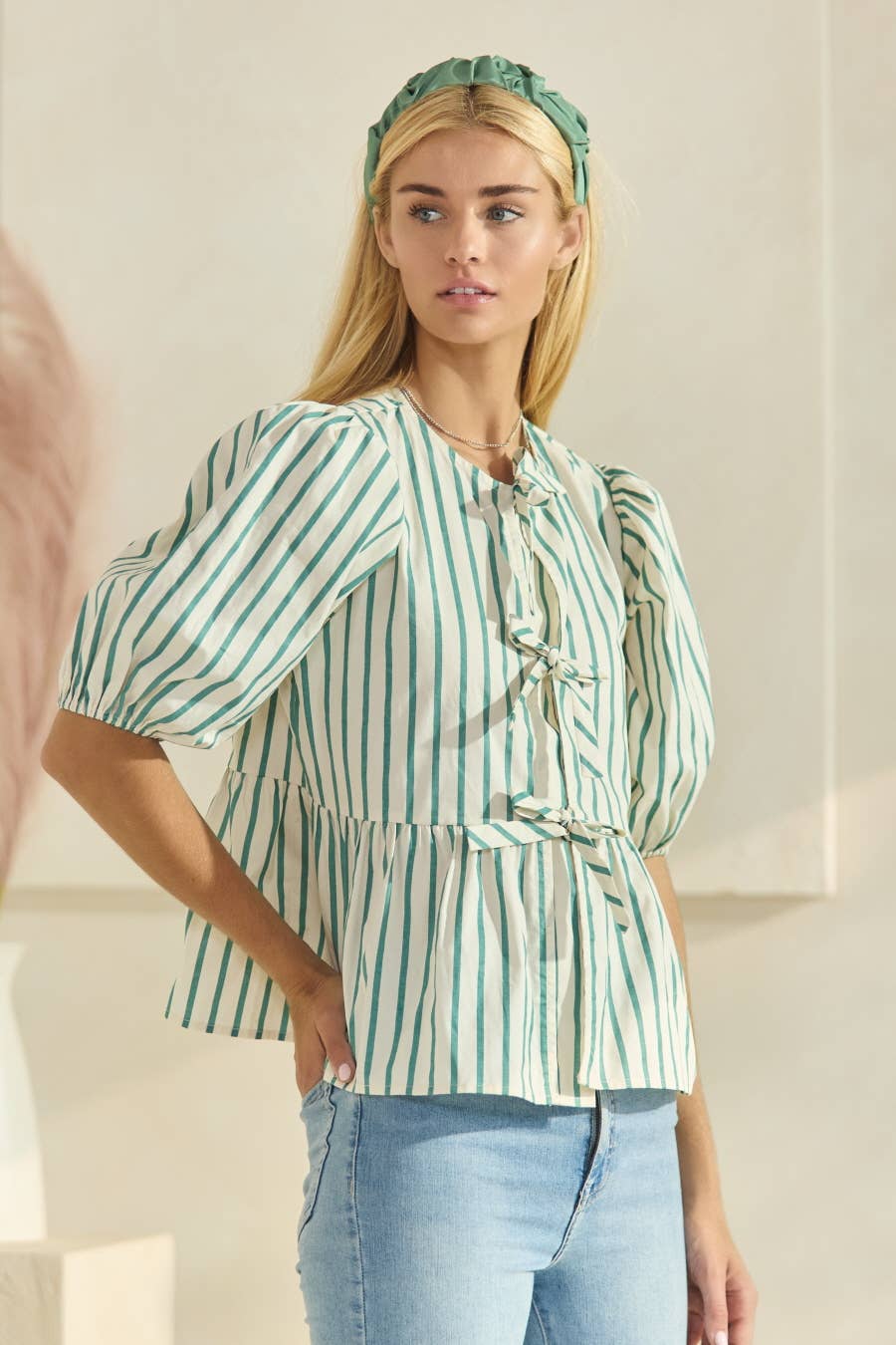 Plus Striped Cotton Poplin Front Tie Ribbon Blouse