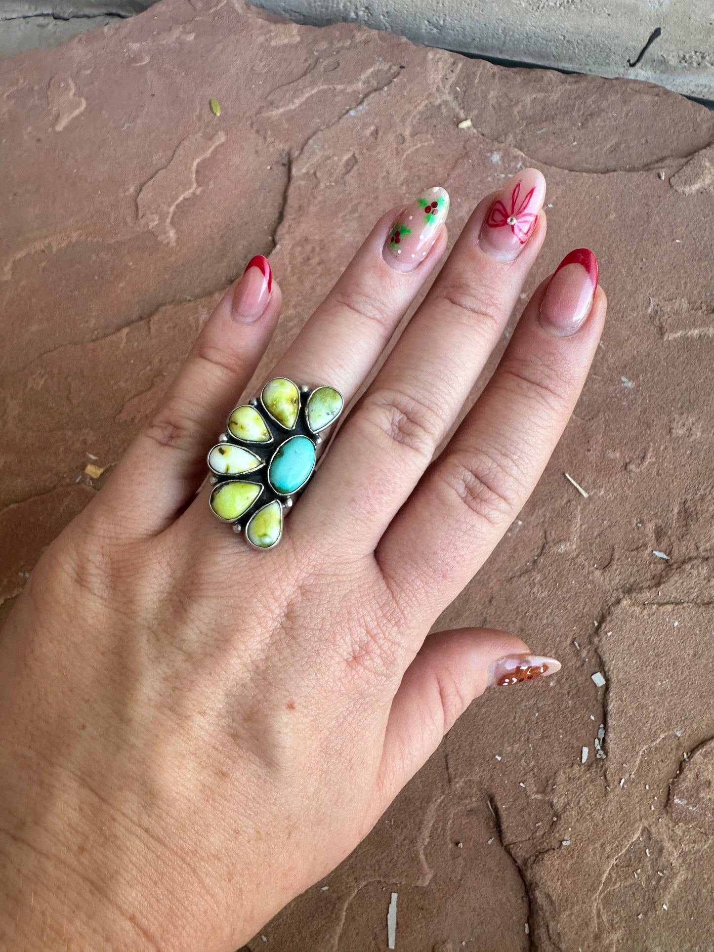 Handmade Sonoran Mountain Turquoise, Palomino Turquoise & Sterling Silver Adjustable Crescent Ring: Adjustable / Turquoise Ring 113