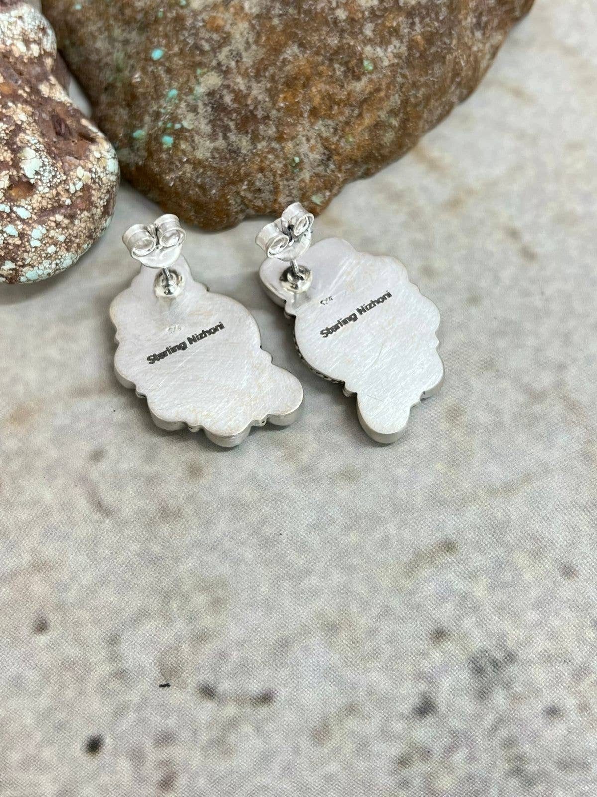 Handmade Sterling Silver Number 8 Turquoise Post Studs with Signed Nizhoni: Number 8 Turquoise / Studs