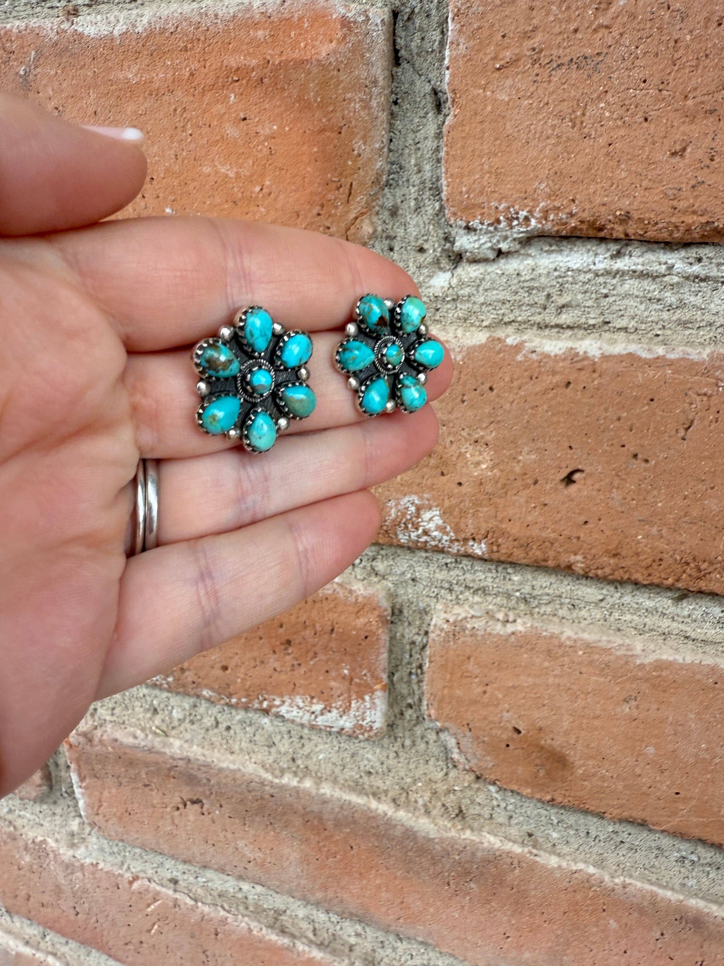 Handmade Flower Cluster Sterling Silver & Turquoise Post Earrings Signed Nizhoni 7 STONE