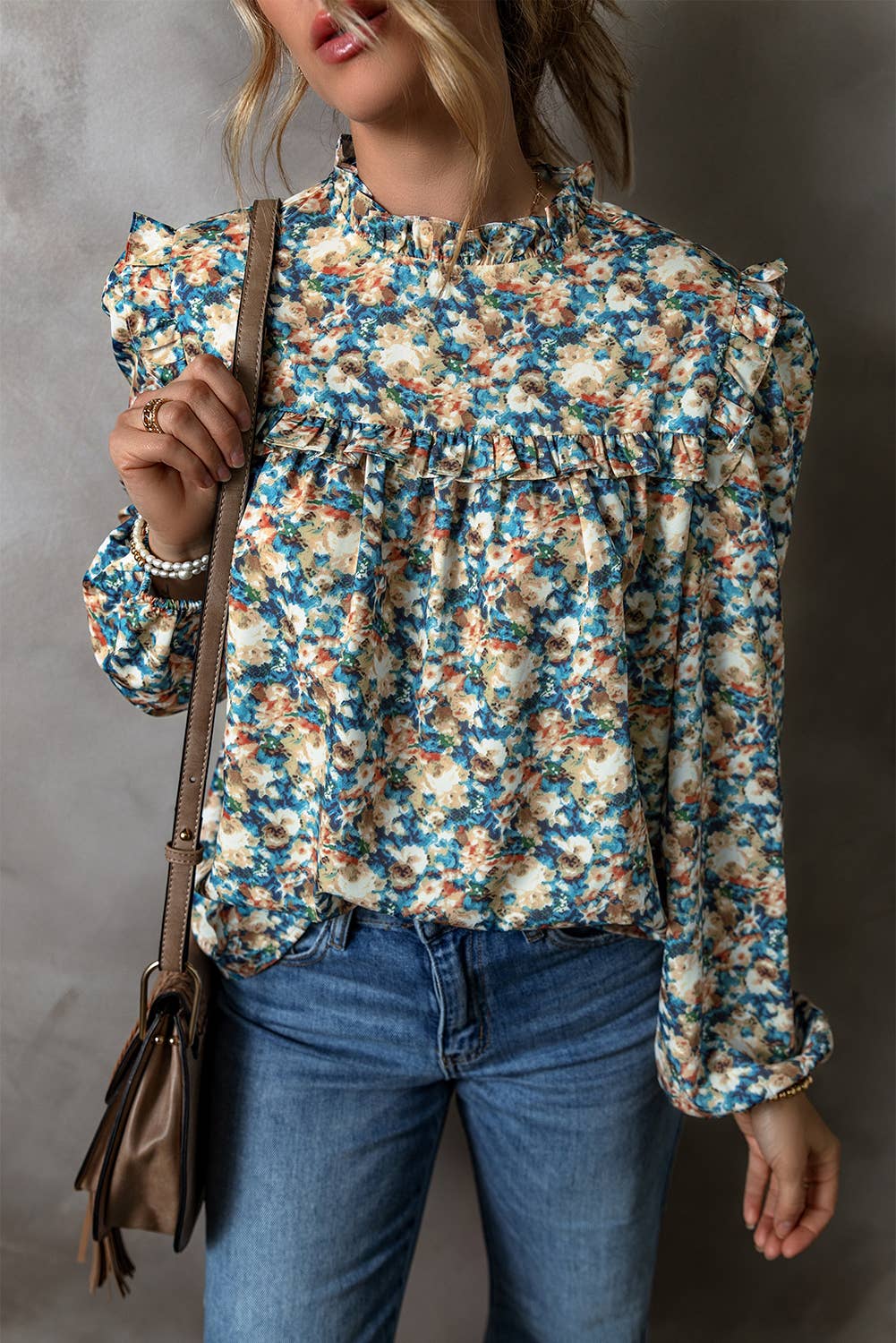 LDC Floral Print Frilled Mock Neck Blouse: Sky Blue / S