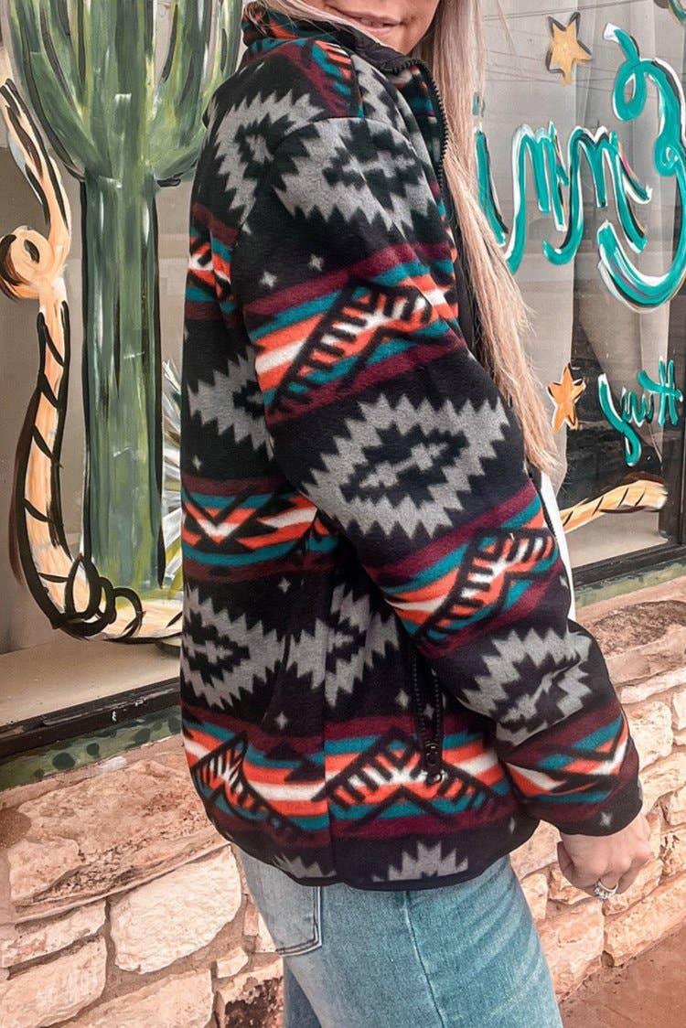 Aztec Zip Up Collared Jacket: Black / L
