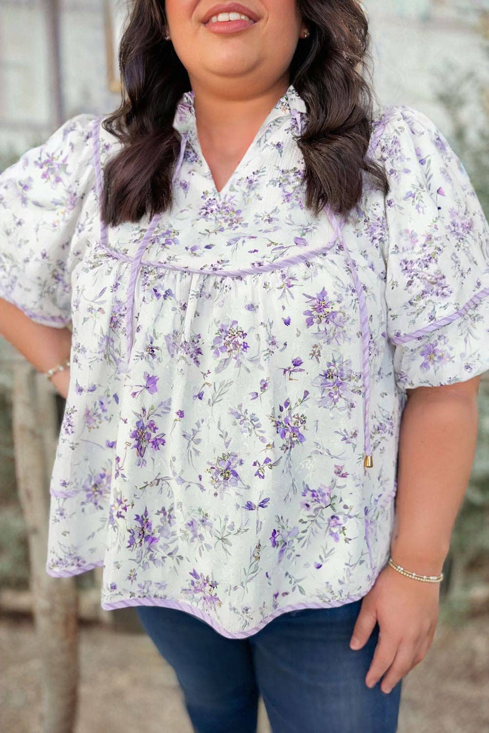 Plus Size Floral Tied V-Neck Summer Top: Purple / 2X
