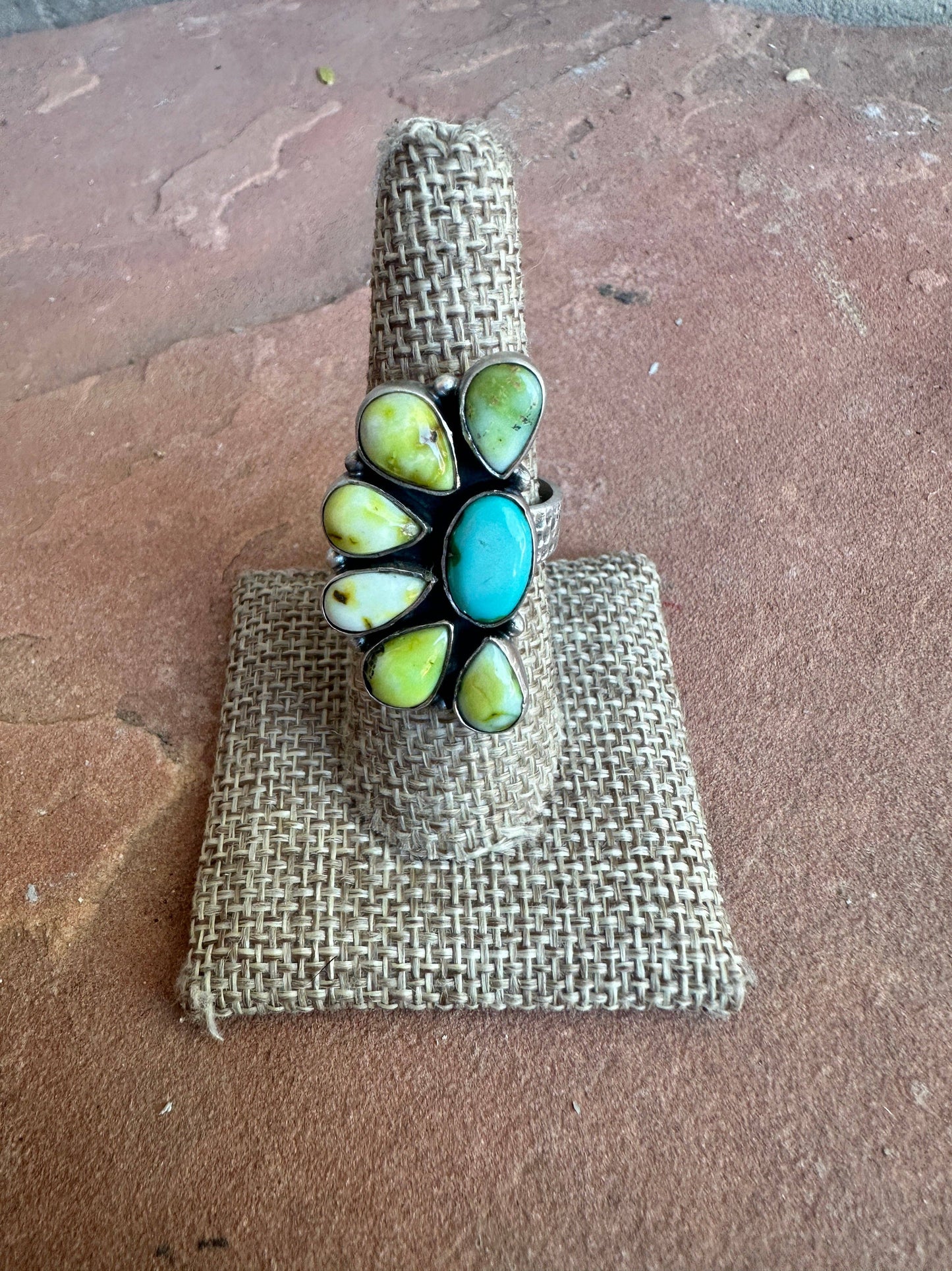 Handmade Sonoran Mountain Turquoise, Palomino Turquoise & Sterling Silver Adjustable Crescent Ring: Adjustable / Turquoise Ring 113