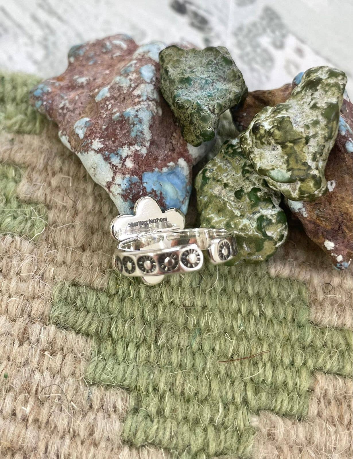 Handmade Sterling Silver Kingman Turquoise Adjustable Ring with Signed Nizhoni: Adjustable / Kingman Turquoise Ring 115