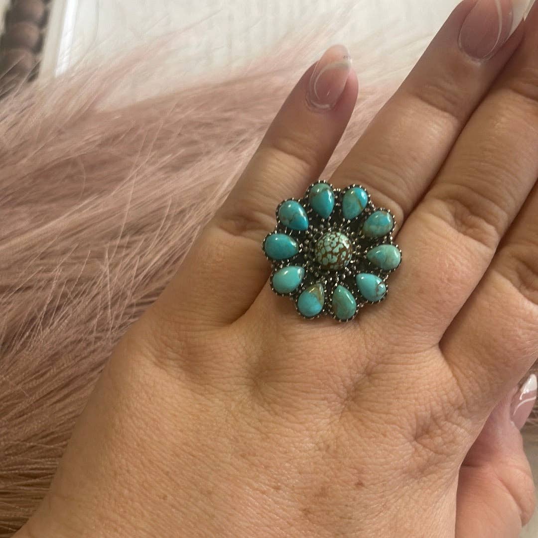 Turquoise Petals Handmade Adjustable Turquoise Sterling Silver Flower Ring: Adjustable / Turquoise ring 124