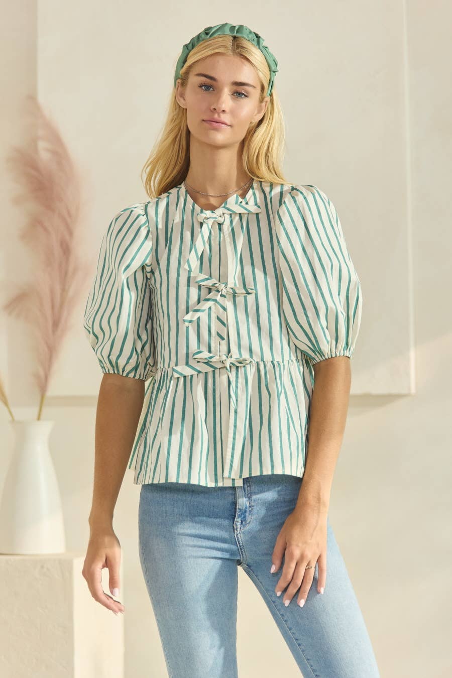 Plus Striped Cotton Poplin Front Tie Ribbon Blouse