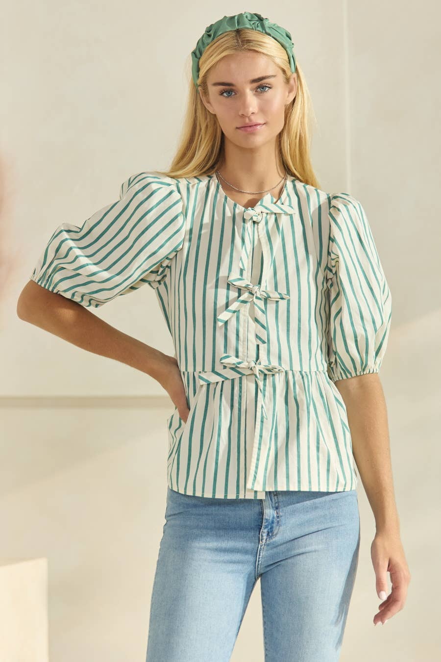 Plus Striped Cotton Poplin Front Tie Ribbon Blouse