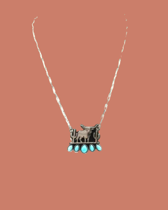 Western Longhorn Plate Turquoise Pendant Necklace