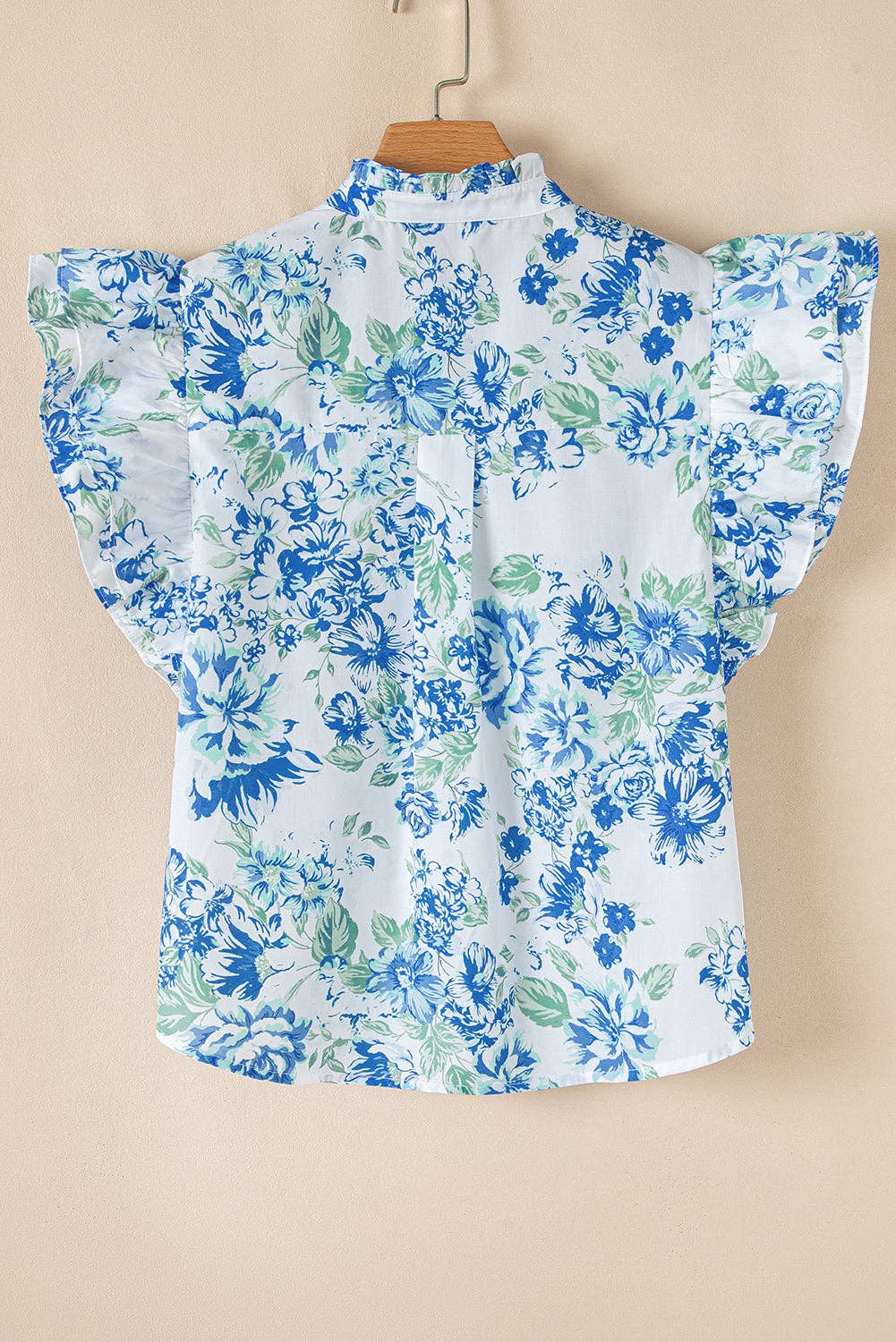 Floral Ruffle Sleeve Buttoned Shirt: Sky Blue