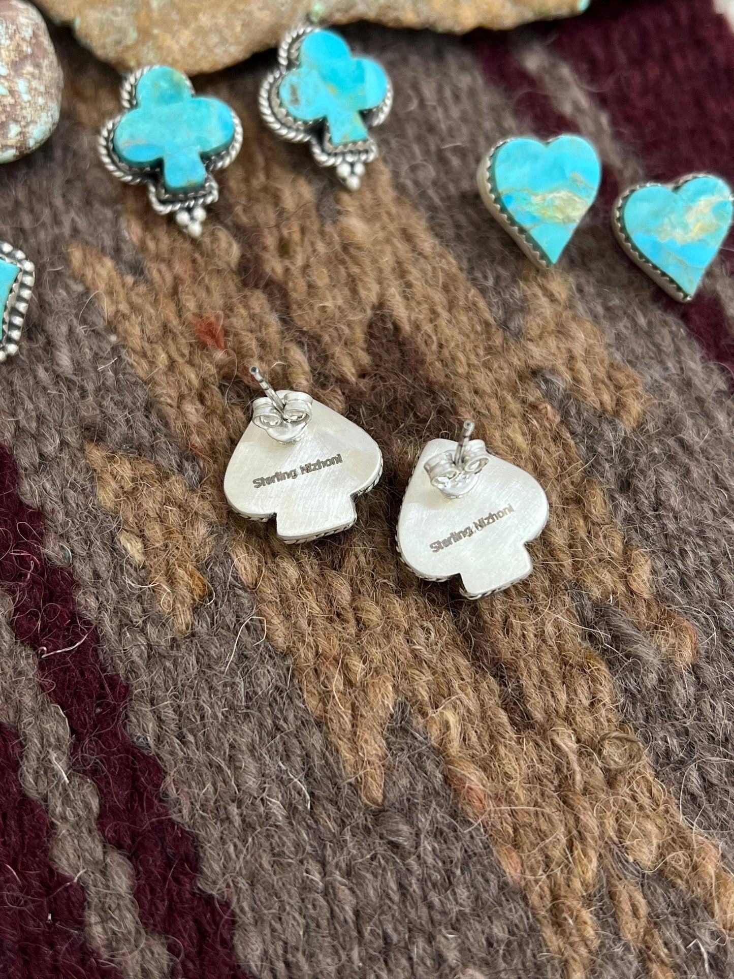 Handmade Sterling Silver Kingman Turquoise Post Studs with Signed Nizhoni: Spade