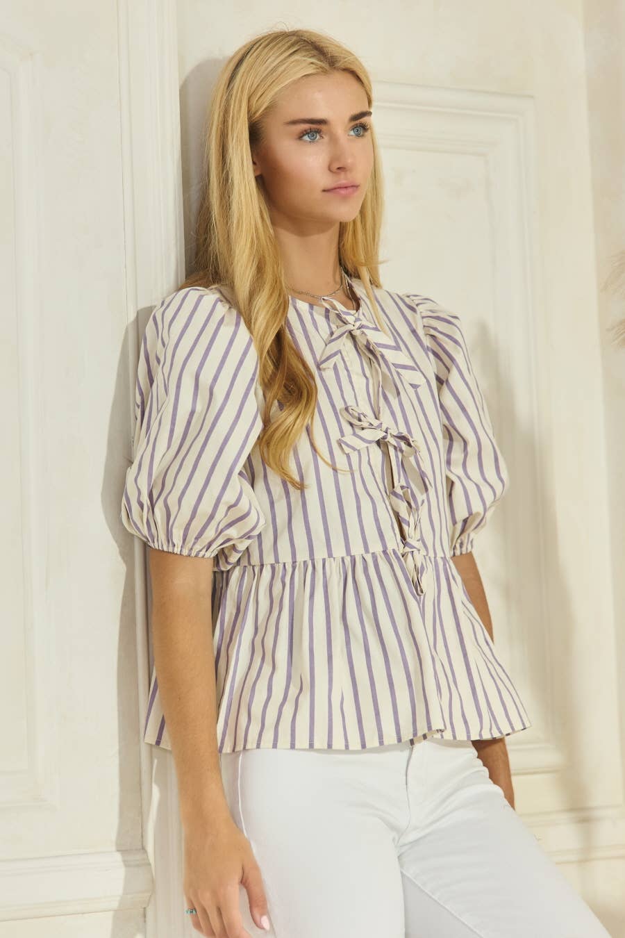 Plus Striped Cotton Poplin Front Tie Ribbon Blouse