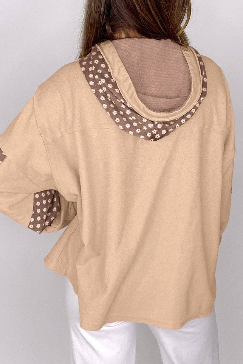Floral Patchwork Star Drawstring Hoodie: Apricot