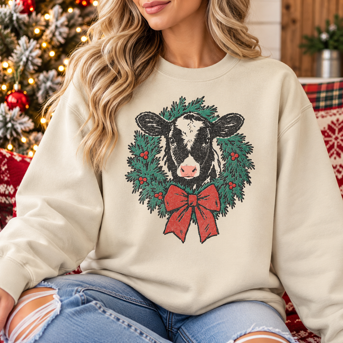 Christmas Cow Sweatshirt with Wreath and Bow