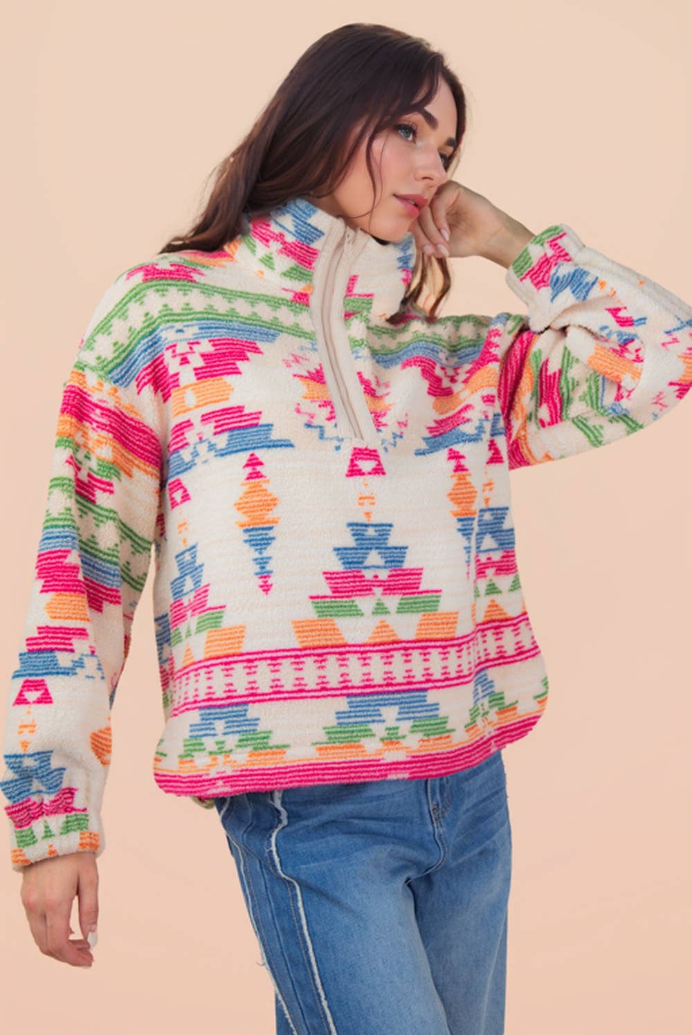 Half Zip Up Aztec & Teddy Bear Graphic Fleece Top