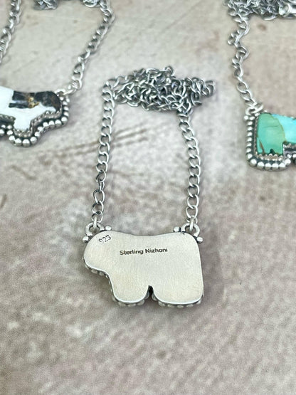 Handmade Sterling Silver Multi Gemstone Bull Necklace with Signed Nizhoni: Kingman Ice Blue Dahlia
