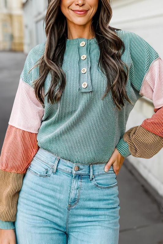 Colorblock Ribbed Knit Long Sleeve Henley Top